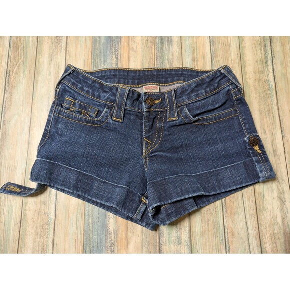 True Religion Joey Cuffed Denim Shorts Dark Wash Size 26 Y2K Festival Western - Picture 1 of 7